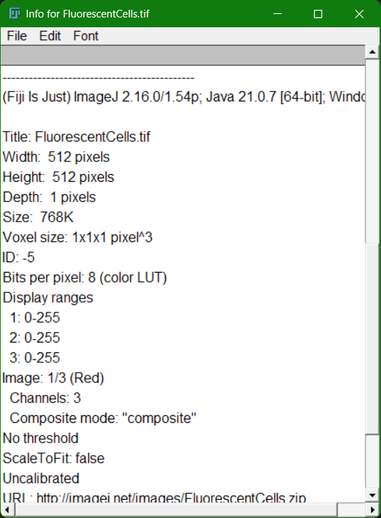 Show Info Window in Fiji